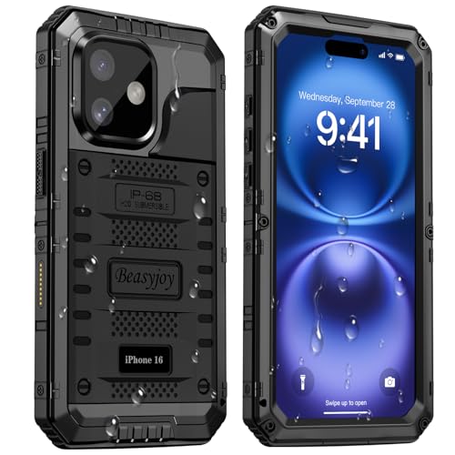 Beasyjoy for iPhone 16 Case Waterproof, Metal Heavy Duty Full Body Protective Case with Built-in Screen Protector, Military Grade Shockproof Dustproof Defender Rugged Cover for iPhone 16 6.1" Black