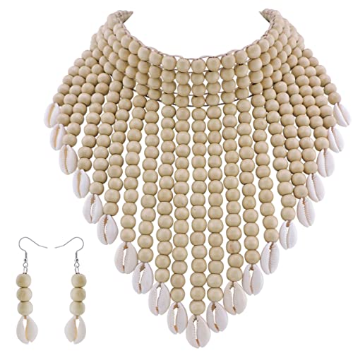 Coiris Boho African Acrylic Beaded Bib Statement Necklace Strands With Shell Layered Cluster Chunky Collar Choker Necklace for Women Fashion Costume Jewelry N0065-Off White+Shell