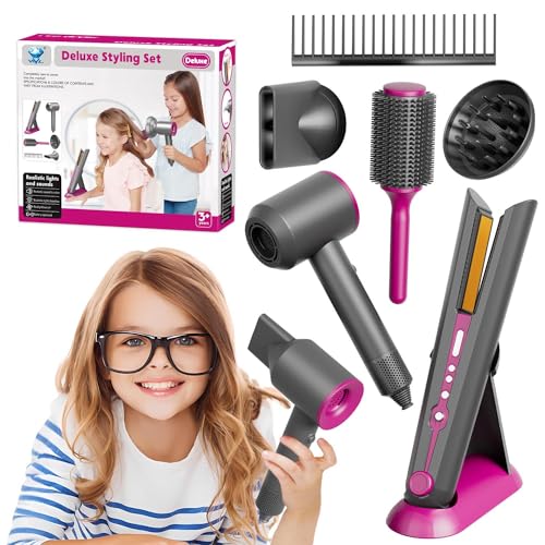 Girls Hair Salon Toys for Girls Beauty Salon Deluxe Styling Set -Kids Hair Dryer Toy, Straightener Hairdryer with Real Function, Interactive Lights & Sounds Fashion Play Set for Children Age 3+