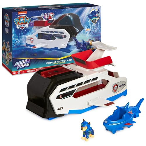 Paw Patrol Aqua Pups Whale Patroller Team Vehicle with Chase Action Figure, Toy Car and Vehicle Launcher, Kids Toys for Ages 3 and up