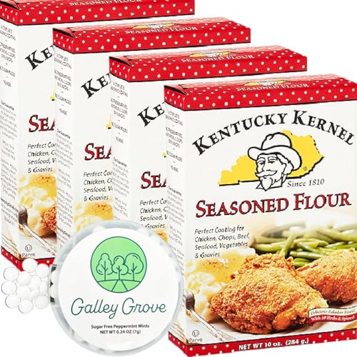 Kentucky Kernel Seasoned Flour Mix Coating Bulk 10 oz (4-Pack), 40 Total Ounces, Chicken, Chops, Beef, Seafood, Vegetables, Fried Pickles and Gravies Bundle With Galley Grove Sugar Free Mints