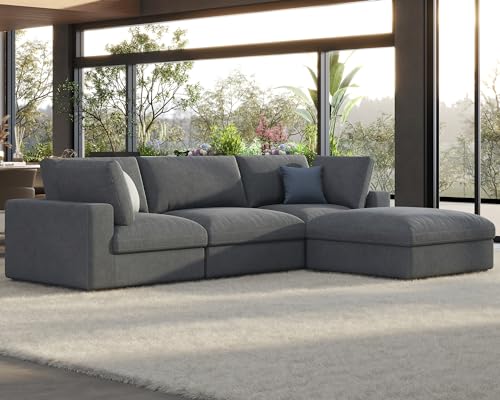 PaPaJet Modular Sectional Sofa, 114 Inches Oversized Down Filled Sectional Sofa, 4 Seats L Shaped Cloud Couch with Chaise, Ottoman, Comfy Sofa for Living Room, Grey Linen Couch Set