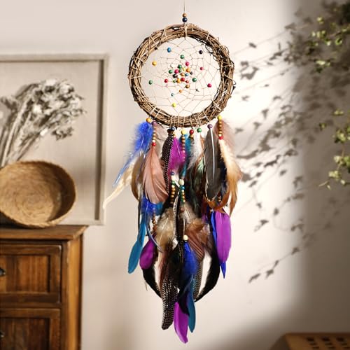 Dream Catcher Native American Boho Dreamcatcher Rattan Wall Decor, Handmade Natural Peacock Feathers Purple Colorful Beaded Hanging Ornament Indian Decor for Girls Bedroom(Purple Peacock Feather)