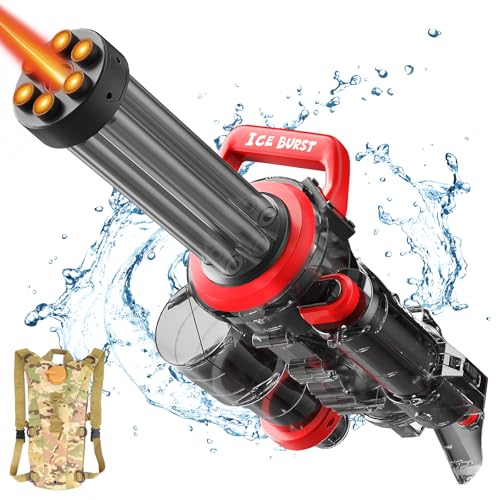 Gatling Electric Water Gun for Adults & Kids,The Most Powerful Full Auto Squirts Gun with Large Capacity Water Storage Backpack,Up to 36ft Shooting Range,Dazzling Gunfire Effects Muzzle Flash-Black