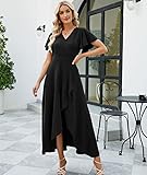 ZZV Wedding Guest Dresses for Women 2024 Gowns Evening Party Cocktail Dress,Long Split Elegant V Neck Wrap Ruffle Wedding Guest Dresses Black-XL