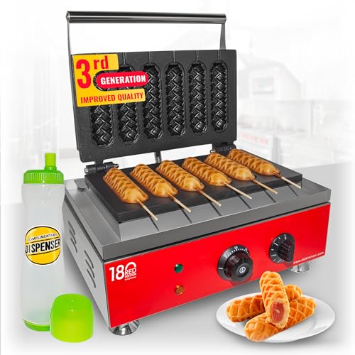 ALDKitchen Waffle Dog Maker | Corn Dog Maker with Red Panel for Business | Stainless Steel | Waffles on a Stick | 110V (6 Waffles)