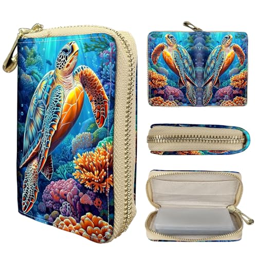 VACGBJPG Rfid Blocking Wallet for Women & Men - 20 Card Slots Secure ID Holder with Anti-Theft Zipper, Slim Portable Credit Card Organizer Travel & Daily Usesea turtle