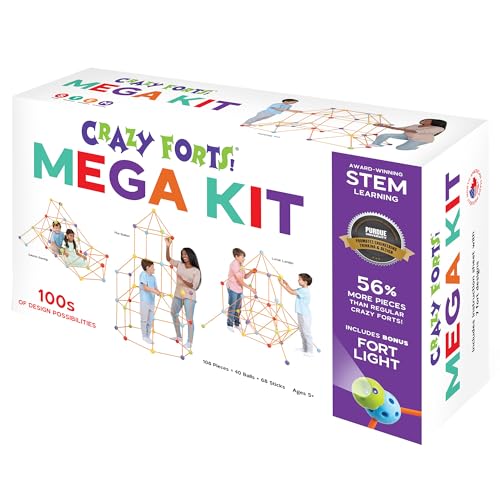 Crazy Forts Everest Mega Kit - 108pc Rod & Ball Fort Building Set, Bonus Light Ball, Indoor-Outdoor, Create Play Tent Structures, Kids Toy, Ages 5+