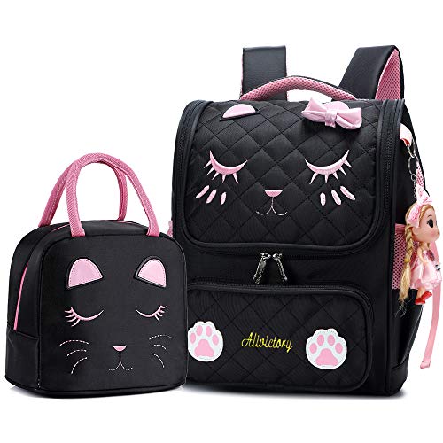 AO ALI VICTORY Girls Backpacks, Waterproof Cute Backpack for Kids Toddler Girl Preschool Bookbags Elementary School Bags (Small, Black Set)