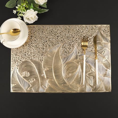 Crisjanggo Gold Placemats Set of 6, Wipable Rectangular Table Place Mats Bulk Pressed Vinyl Placemats for Party Dining Wedding Centerpiece Decorations