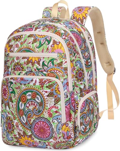 FOKDUVB Large Backpack for Women Backpack with Lots of Pockets for Travel Work School Bookbag with Laptop Compartment for High School College Girls Mochilas Morrales para Mujer (Beige/Green, Paisley)