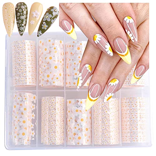 UARUOGP 10 Rolls Mix Size White Sun Flower Transfer Foils Nail Art Supplies Set Mini Flower Nails Decals Stickers for Art Designer Spring Summer Floral Theme Nail Foil Transfer Sheets