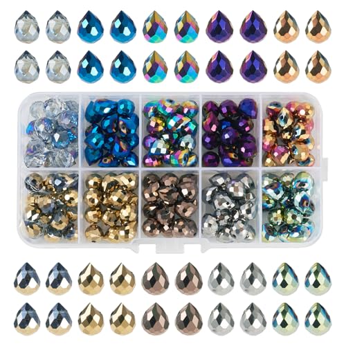 Boutigem 150Pcs Electroplate Faceted Teardrop Glass Beads Colorful Waterdrop Crystal Glass Beads Top Drilled Drop Beads Chandelier Dangle Pendants for DIY Earring Bracelet Necklace Jewelry Making