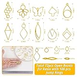 LET'S RESIN 172 pcs Open Bezels for Resin, 2 Size 36 Styles of Gold Hollow Frame Pendants Bezels with 100pcs Jump Rings, Unique Resin Bezels for Jewelry Making, Necklaces Earrings Making Supplies