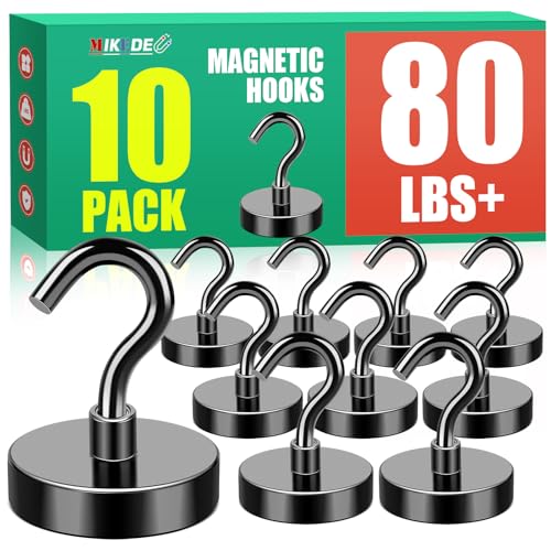 MIKEDE Black Magnetic Hooks, 80Lbs Heavy Duty Earth Magnets with Hooks for Cruise Cabin, Strong Magnet Hooks for Hanging, Super Metal Magnetic Hanger for Grill, Fridge, Kitchen - Pack of 10