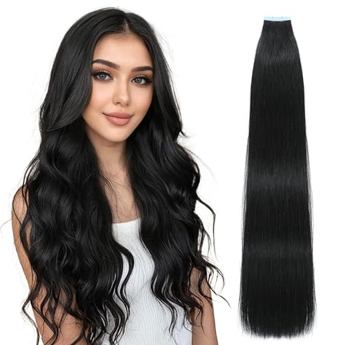 Lveyan Tape in Hair Extensions Human Hair, 16 Inch Jet Black Remy Human Hair for Women Skin Weft 20pcs 50g/pack Invisible Tape in Hair Extensions (#1, 16 Inch)