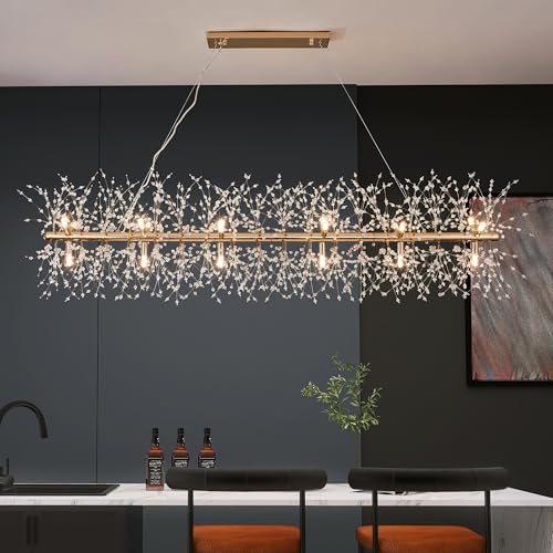 Modern 59" Modern Gold Crystal Firework Chandelier, 18-Light Pendant Light Fixture, Rectangle Linear Sputnik Dandelion Chandeliers for Dining Room Kitchen Living Room
