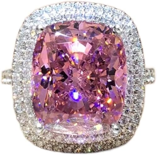 QUSIIOSLK 18K Gold Plated Princess Cut Pink Crystal Silver Ring with AAA White Cubic Zirconia Full Diamond Ring CZ Eternity Engagement Wedding Band Ring for Women Size 6-10 (8)
