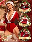 RSLOVE Women's Christmas Lingerie Sexy Red Santa Teddy One Piece Bodysuit With Belt Snap Crotch Large