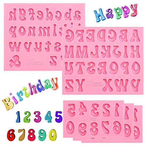 5 Pieces Small Letters Molds and Numbers Silicone Molds，0-9 Numbers, Uppercase and Lowercase Alphabet Baking Molds for Candy, Chocolate Covered Strawberries, Cake Decoration