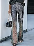 EVALESS Women's High Waist Sparkly Sequin 70's Disco Wide Leg Flare Pants Lounge Trousers Bell Bottom Multicolor L 12 14