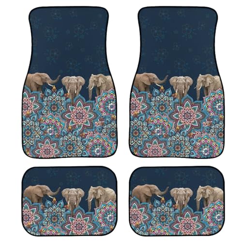 Suobstales Boho Elephant Mandala Print Car Floor Mat, 4 Piece Non Slip Soft Vehicles Floor Carpet Universal Fit for Trucks SUV Sedan Van