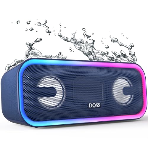 DOSS SoundBox Pro+ Bluetooth Speaker with 24W Impressive Sound, Booming Bass, IPX6 Waterproof, 15Hrs Playtime, Wireless Stereo Pairing, Mixed Colors Lights, 66 FT- Blue