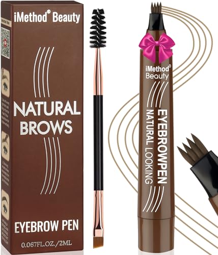 iMethod Eyebrow Pen - Eyebrow Pencil Magical Upgraded Eye Brow Pencils for Women with 4 Fork Tip & Spoolie Brush for Hair-Like Natural Brows, Last All-Day, Microblading Eyebrow Pen, Light Brown