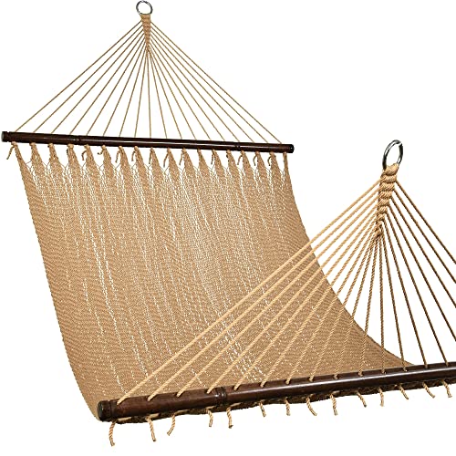 Lazy Daze Hammocks 10.5 FT Double 2 Person Caribbean Rope Hammock, Hand Woven Polyester Hammock with Spreader Bars, Extra Large Outside Outdoor Backyard Patio Poolside Hammock, 450 LBS Capacity, Tan