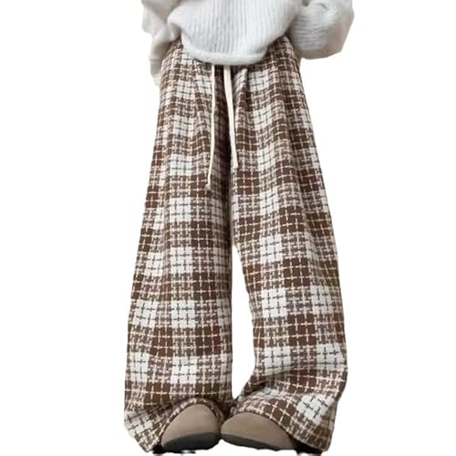Cute Plaid Pants for Women, Baggy Pants Grunge Gingham Therian Downtown Girl Clothes y2k Sweatpants Going Out (Brown,Medium,Medium)