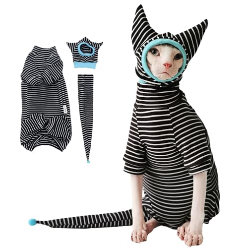 SNIXfever Sphynx Cat Clothes Black Stripe Breathable Shirts Suit, Pet Hat and Shirt Set (Medium)