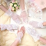 Shyyween 6 Pairs Lace Gloves with 6 Pcs Lace Rose Hand Fans for Women Tea Party Elegant White Lace Gloves for Vintage Tea Party Wedding Decoration