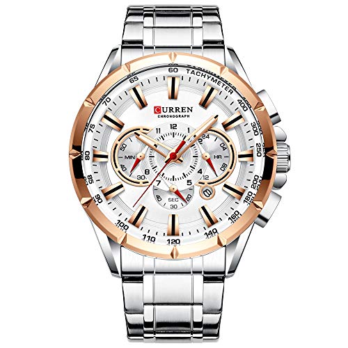 Wrist Watch Men Waterproof Chronograph Military Army Stainless Steel Male Clock Man Sport Watches 8363 (Silver White)
