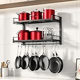 19"- 30" Expandable Hanging Pot Rack, 2 Tier Heavy Duty Wall Mounted Pots and Pans Organizer with 10 Hooks and 5 Pot Lid Holders, Pot Hanger Shelf for Kitchen Cookware Utensils Organizers and Storage