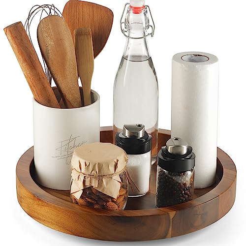 TIDTIA 10" Acacia Wood Lazy Susan Organizer for Cabinet - Round Lazy Susans Turntable for Countertop - Wooden Kitchen Rotating Storage Food Bin Container for Centerpiece Table, Spices, Pantry