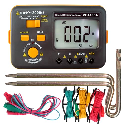 SKYCENX VC4105A Earth Resistance Tester Digital Grounding Resistance Meter 20/200/2000Ω Ground Resistance 750V AC Voltage Measure Backlight LCD Display Data Hold