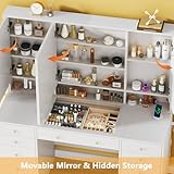 Vanity Desk with Mirror and Lights, 50" Makeup Vanity with Glass Top & Power Outlet, White Vanity with 11 Drawers & 8 Hidden Storage Shelves, 3 LED Lighting Modes Adjustable for Bedroom