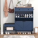 jmhdyg Shoe Cabinet with Bench, Deodorizing Shoe Storage Cabinet with 2 Flip Drawers and 2 Sliding Drawers, Free Standing Narrow Farmhouse Shoe Organizer Cabinet for Entryway, Hallway, Blue