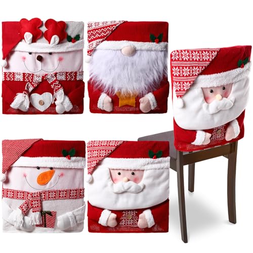 HunnmingRe 4 Pcs Christmas Chair Back Cover Santa Claus Snowman Reindeer Xmas Dinner Chairs Cover Hat Cover Xmas Chair Slipcover for Dining Room Kitchen Hotel Holiday Party Decor