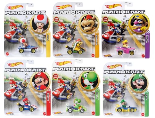 Hot Wheels Mario Kart Die‑Cast Car Collection – 6‑Pack with Mario, Luigi, Yoshi, Toad, Bowser, & Wario | 1:64 Scale, Display-Ready GBG25-957G