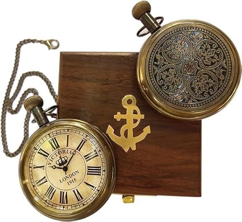 1915 Victoria London Vintage Pocket Watch - Antique Brass Pocket Watch & Chain With Rosewood Wooden Box Personalized Engraved Pocket Watch For Men/Son Baptism, Graduation Day Gift For Men