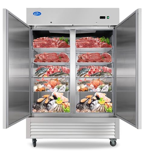 kalifon 54" Commercial Freezer with 2 Solid Door, 49 Cu.ft Reach-in Stainless Steel Freezer, Fan Cooling Freezer for Restaurant, Bar, Home, Shop, and Business(Equip 8 Shelves)