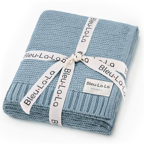 Bleu La La Organic Cotton Heritage Knit Receiving Blanket for Boys - 100% Luxury Soft Organic Cotton - Warm Cozy Swaddle Cuddle Crib Blanket for Newborns Infants & Toddlers (0-2Yrs - Sky Blue)