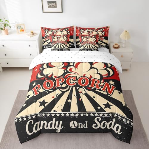 7 Piece Vintage Cinema Style Twin Bed in a Bag Sheet Set - Family Home Theater Decor Bedding Comforter - Popcorn Print Movie Night Cushion Covers