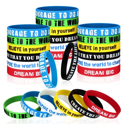 BBTO 48 Pcs Motivational Quote Rubber Bracelets Colored Inspirational Silicone Wristbands Stretch Bracelets for Men Women Black History Month Teacher Office Party Favor Gifts(Assorted Color)
