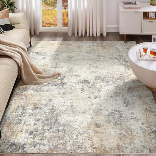UERMEI 9x12 Area Rug Living Room Rugs - Washable Neutral Modern Abstract Soft Thin Large Rug Indoor Floor No Slip Rug Carpet for Bedroom Under Dining Table Home Office Decor - Golden Grey