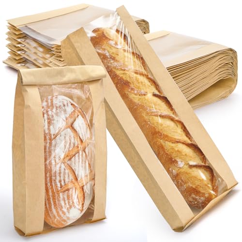 YIMITEE 150 Pack Paper Bread Bag with Window, 18"x7"x2" Long French Bread Bag, Brown Kraft Baguette Bags, Loaf Storage Packing Sacks Biscuits Packaging for Homemade, Bakery, Coffee Bar