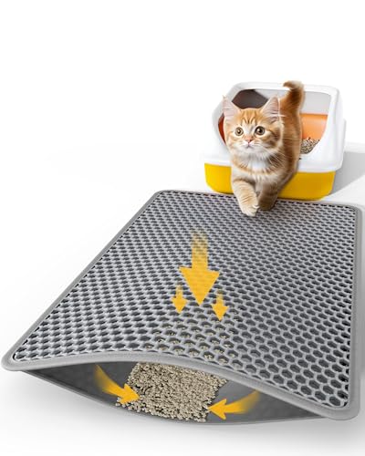 Powools 27" x 19" Cat Litter Mat - Large Litter Box Mat with Double Layers, Urine-Proof and Non-Slip Litter Trapping Mat, Easy to Clean Kitty Litter Mats for Floor, Scatter Control, Grey