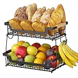 GILLAS 2 Tier Countertop Fruit Basket with 2 Banana Hangers for Kitchen, Detachable Metal Organizer for Bread Vegetable Fruits with Wooden Handle, Large Capacity Rectangular Storage Stand Bowls, Black