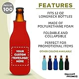 Custom Zipper Beer Bottle Insulators Set of 100, Personalized Bulk Pack - Keeps Your Drink Cooler, Great for Beer, Soda, Other Beverages - Red